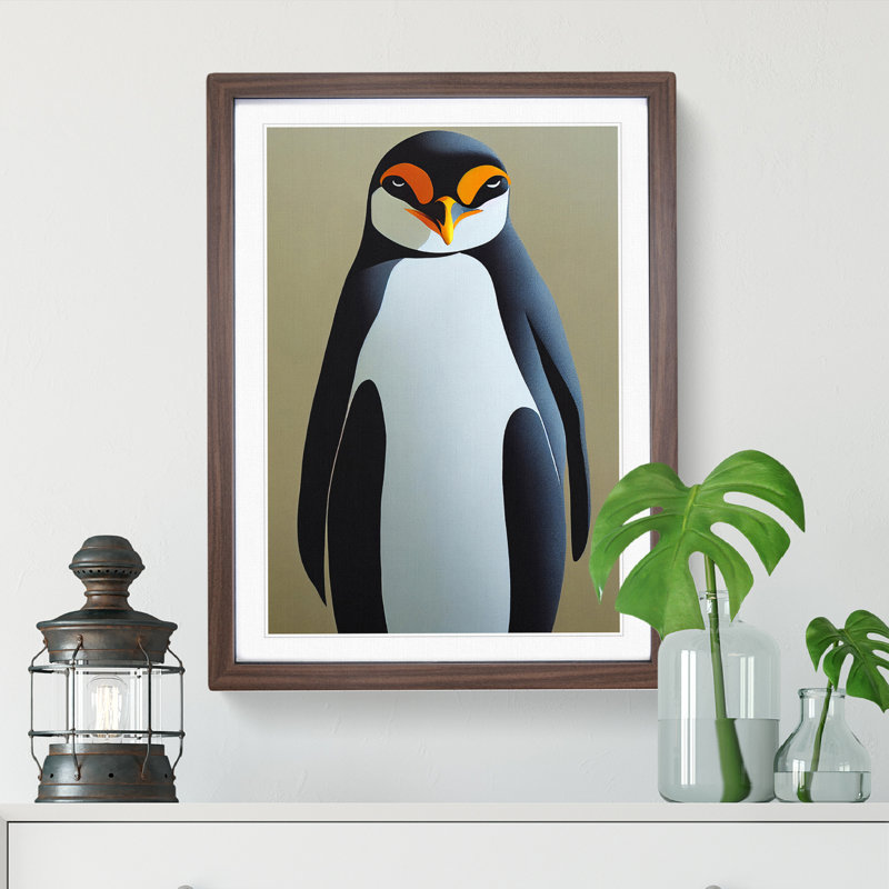 Resting Penguin - Wall Art, 48cm H x 36cm W, Walnut Framed, White