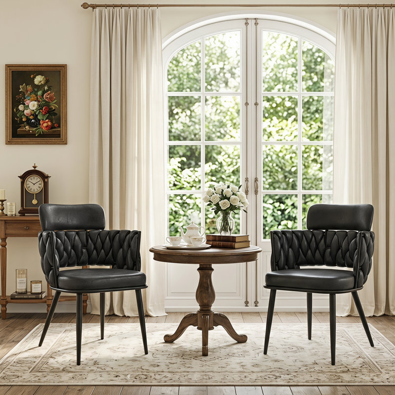 Chaise d'appoint moderne avec accoudoirs tissés Mid Century, Black Faux Leather, 2