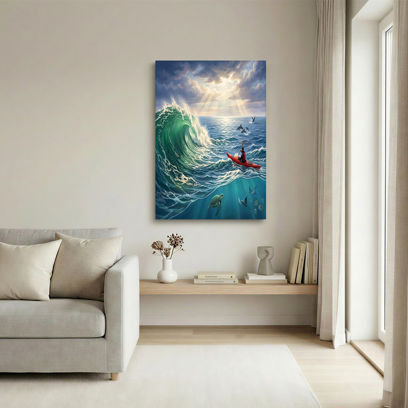 «Red Kayak Paddler in Turquoise Ocean Waves with Sea Turtle», art mural, H 16 po x l 24 po