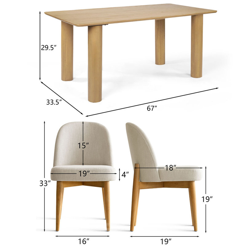 7-Piece Rectangular Solid Wood Dining Set with 6 Linen Chairs, Beige