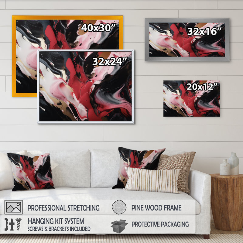 Agate rouge et noire sur toile marbrée abstraite, H 30 po x l 40 po x P 1,5 po, Cadre flottant noir