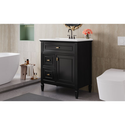 Meuble-lavabo de 30 po avec lavabo, meuble-lavabo avec un tiroir rabattable et deux tiroirs, tablette réglable, bois massif et panneau de fibres à densité moyenne, noir