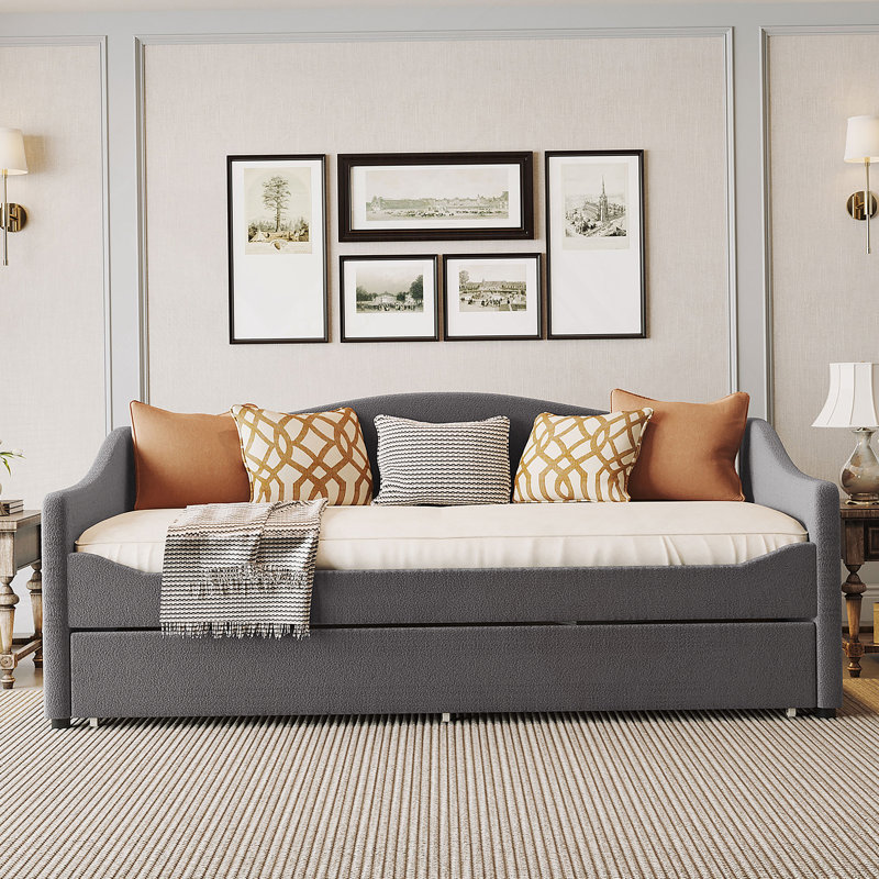 Upholstered Daybed with Light and Trundle, Grey, Twin