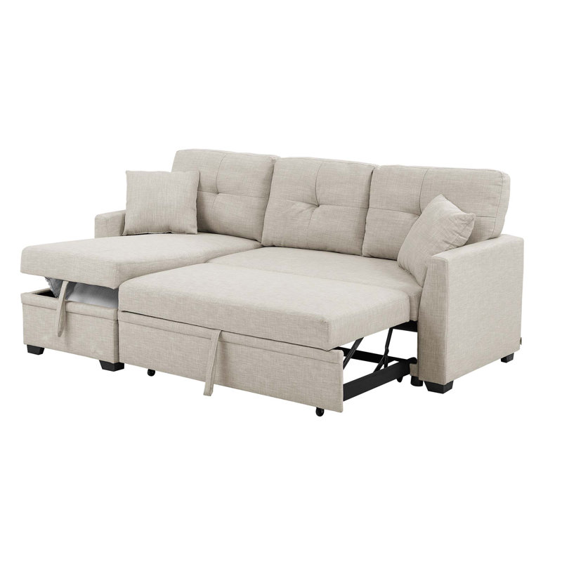 83" Modern Pull Out Sectional Sofa With Left Storage Chaise, Beige