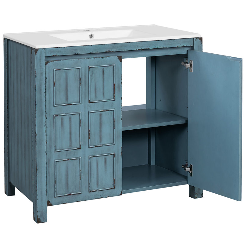 Armoire de salle de bain Retro Blue 36 po, lavabo en céramique, bois massif et matériau, aspect vieilli, charnières à fermeture en douceur, organisateur de meuble-lavabo intérieur spacieux en bleu, construction, poignées cachées, caractéristique,
