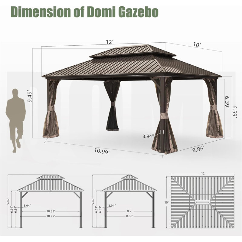 Metal Vault Gazebo, Brown, 113.88" H x 144" W x 120" D