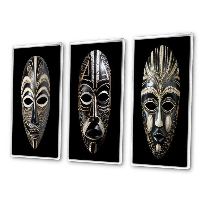 3 pièces sur toile - Masque africain traditionnel et traditionnel, Encadrement doré, H 40 po x l 60 po