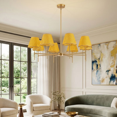 Lustre de style maison de campagne 8 lumières à intensité variable dorée, lampe de style bohémien de 38 po, avec tige suspendue en hauteur pour la salle à manger, le salon