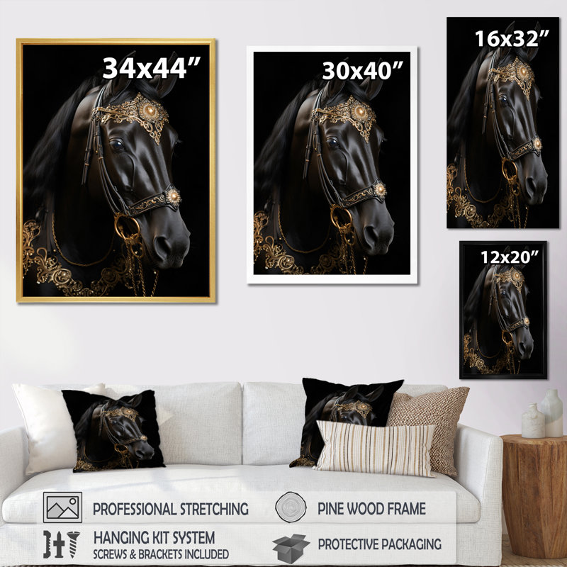 Cheval himalmanique noir et doré - Équitation dorée III - reproduction, Toile tendue, H 32 po x l 16 po x P 1 po