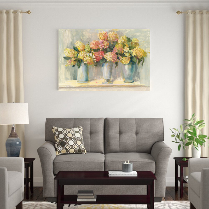 «Ivory and Blush Hydrangea Bouquets» par Carol Rowan, reproduction d'art sur toile tendue, H 32 po x l 48 po