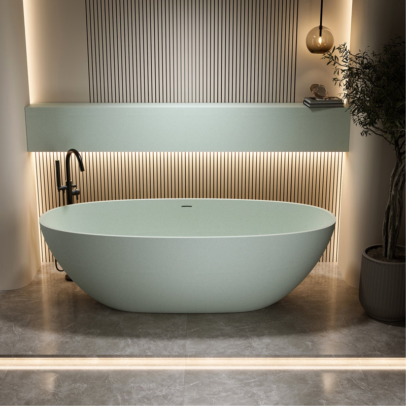 59'' Freestanding Bathtub, Turquoise Color, Solid Surface And Stone Resin, Non - Permeable, Slow Heat Loss, Smooth Delicate, Spacious For Relaxing Bath, Ergonomic Design Soaking Bathtub In ,