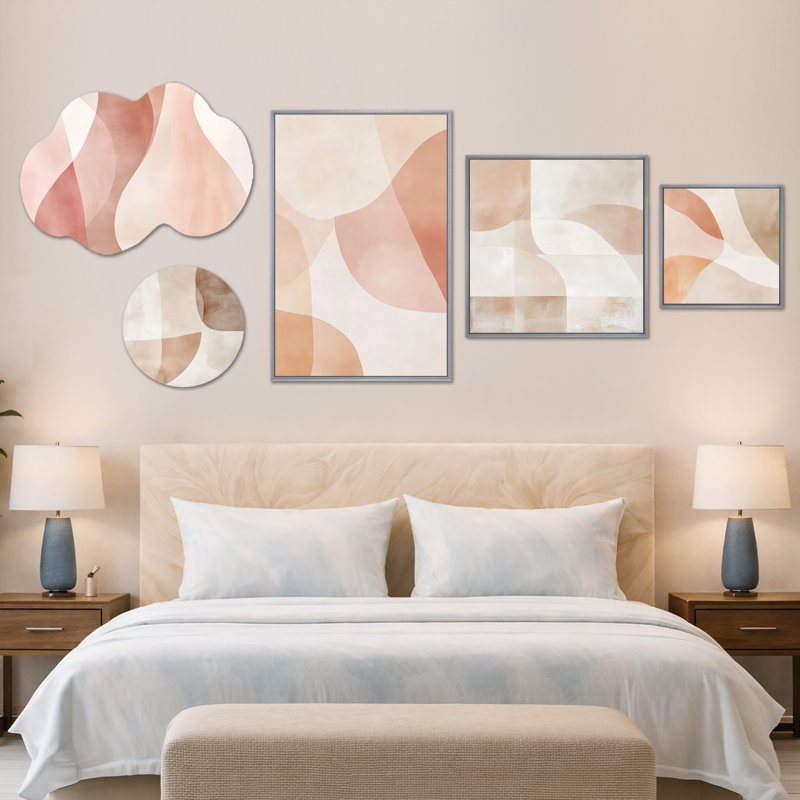 Blush Minimal Layers - ensemble d'art mural abstrait surdimensionné, toile et métal sur 5 (100 po x 40 po)