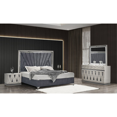 Ensemble de chambre avec grand lit 4 pièces de style moderne et contemporain en bois et accents dorés gris sable River