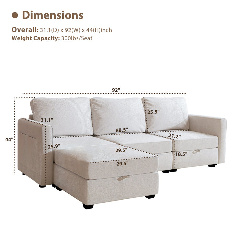 Canapé modulaire en L pour salon, Chenille beige, H 44 po x l 92 po x P 31,1 po
