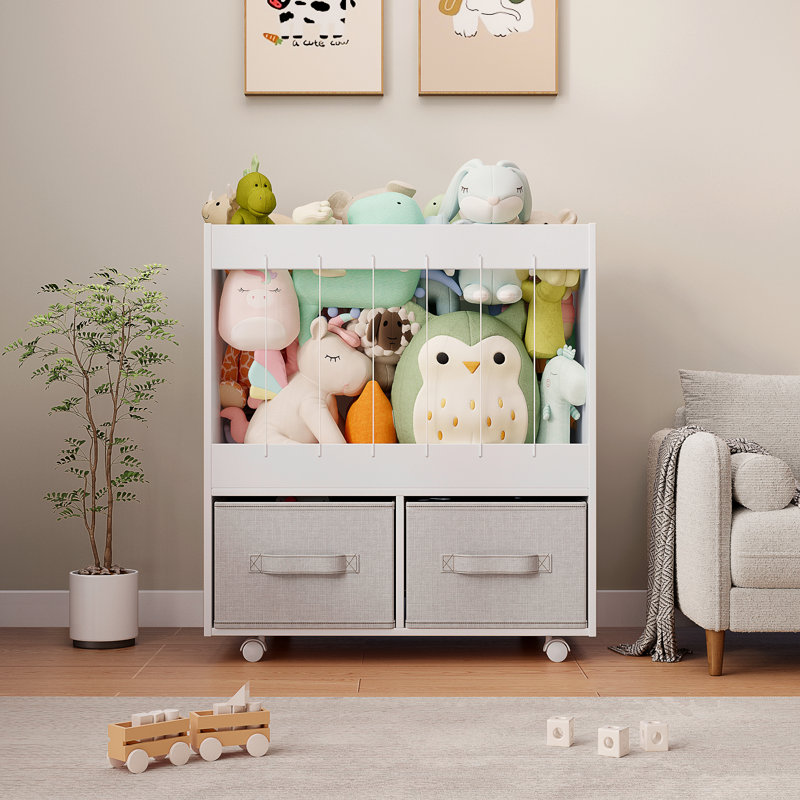 Rangement pour jouets H 25,2 po avec planche à dessin magnétique, rangement pour animaux en peluche avec chevalet, rangement pour jouets avec 2 bacs en tissu et roulettes pivotantes à 360 °, blanc