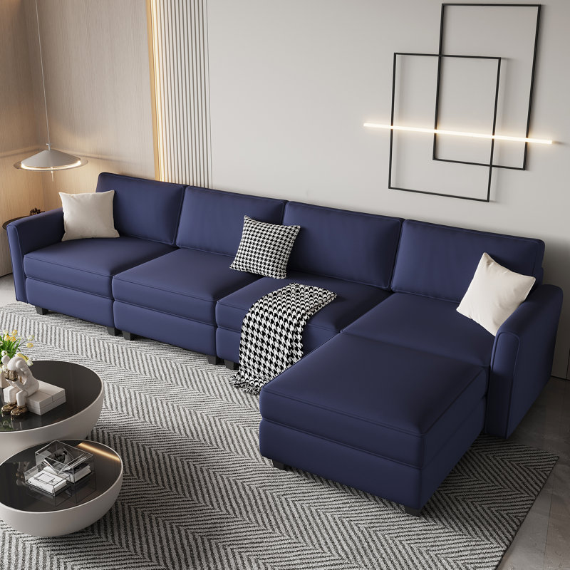 Viviette 5 - Piece Velvet Upholstered Sectional Sofa with Storage Space and Adjustable Arm and Back, Blue Velvet