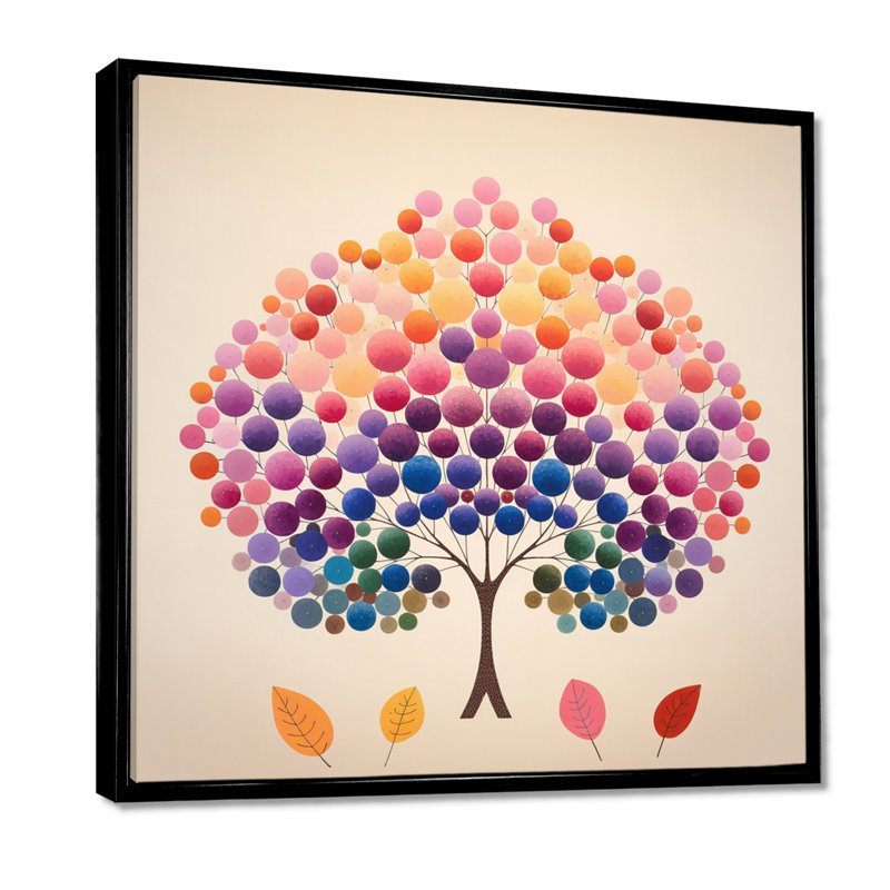 Abstrait cercle graphique arbre mauve jaune - arbre chêne art mural salon, Toile avec cadre flottant noir