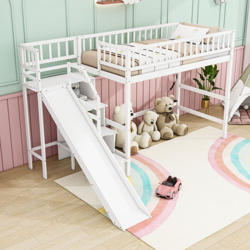 Lit mezzanine en bois avec tablettes, Lit simple, Blanc