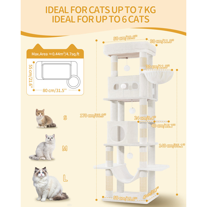 Arbre à chat 70 po pour chats d'intérieur, poteau à griffer multicouche avec grande plateforme, 2 grottes, 7 poteaux en sisal, pompons, panier à chat, hamac, convient aux chats