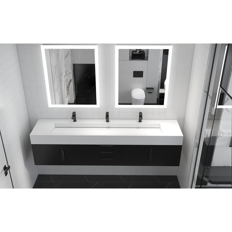 Meuble-lavabo mural double l 84 po x P 19 po x H 20 po Roghan, Blanc, Noir, Noir