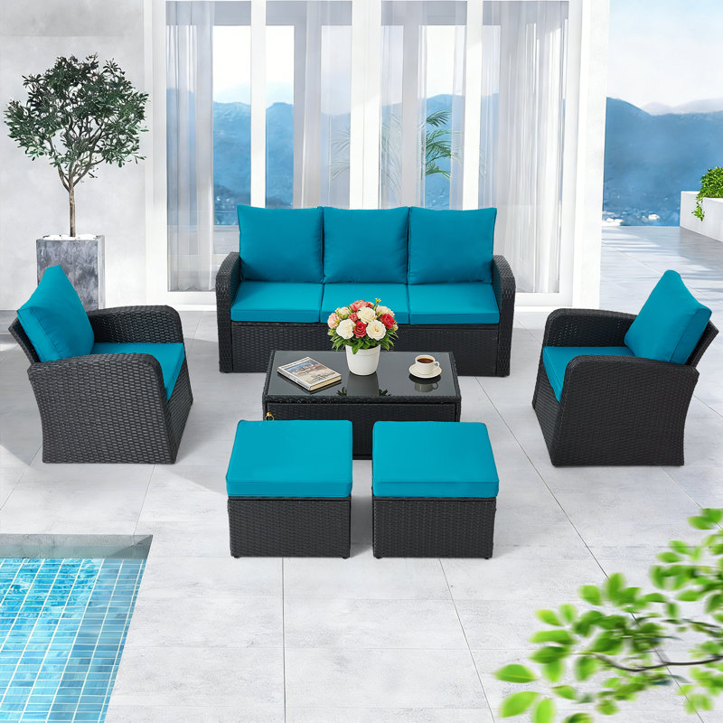 6 Piece Sofa Seating Group With Cushions, Peacock Blue Cushion/Black Frame