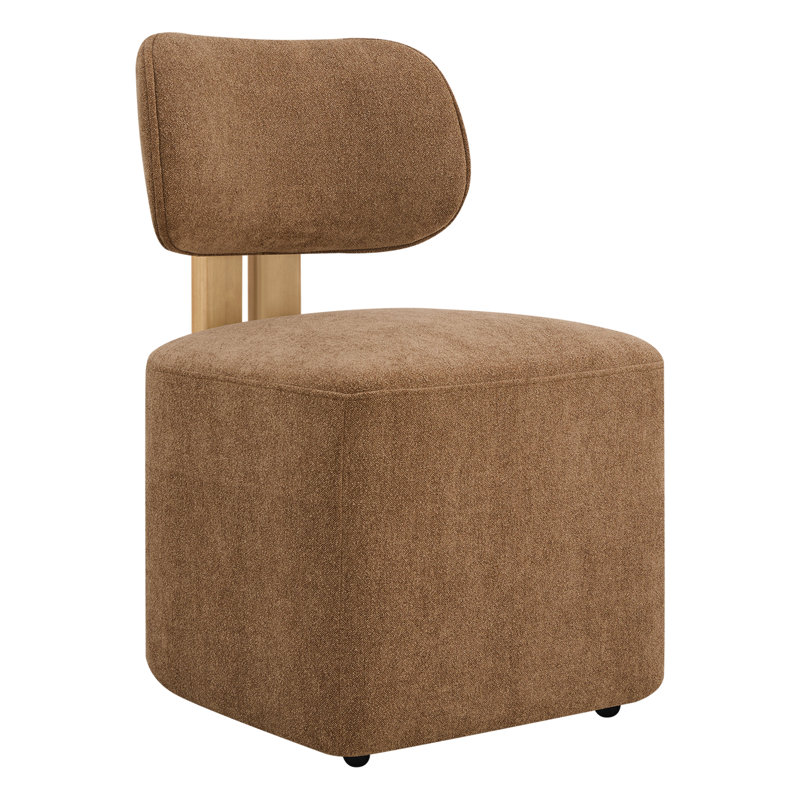 Chaise de salle à manger rembourrée moderne avec structure en bois massif et roulettes, Lin brun