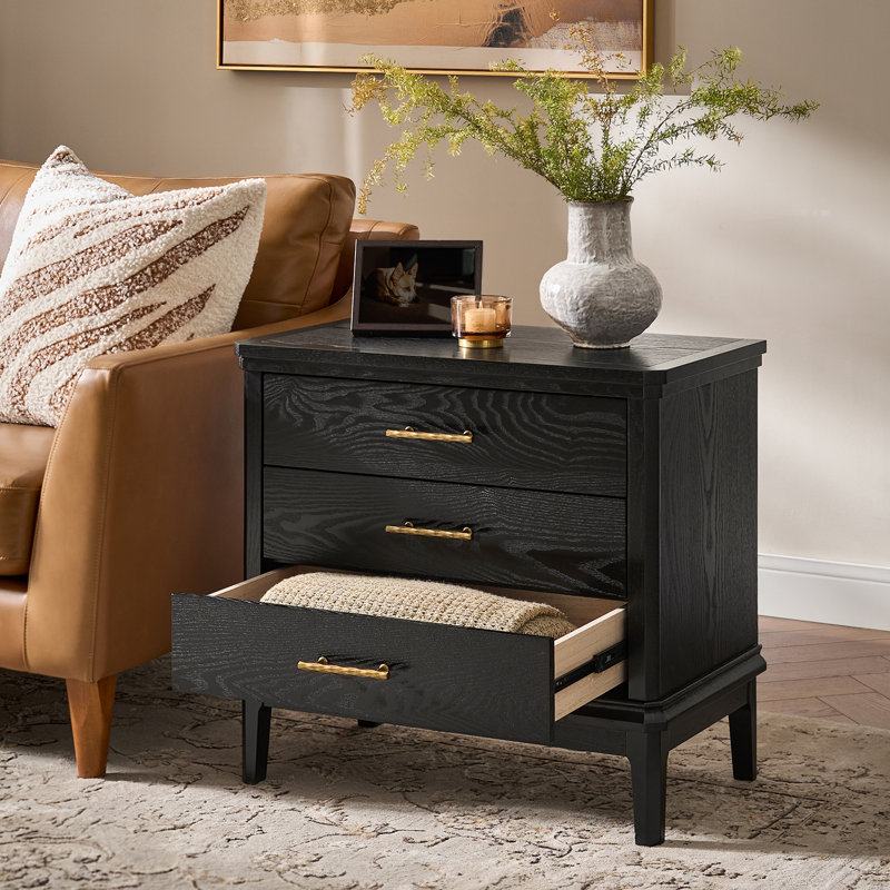  Fay Transitional 26"Tall 3-Drawer End Table with Built-in Charging Station and Simple Assembly, Black
