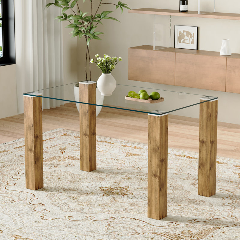 A 49.6”×30” Transparent Tempered Glass Dining Table With Rectangular Wood - Colour MDF Wood Grain Legs: Blending Simplicity & Quality, Ideal For Diverse Decoration Styles