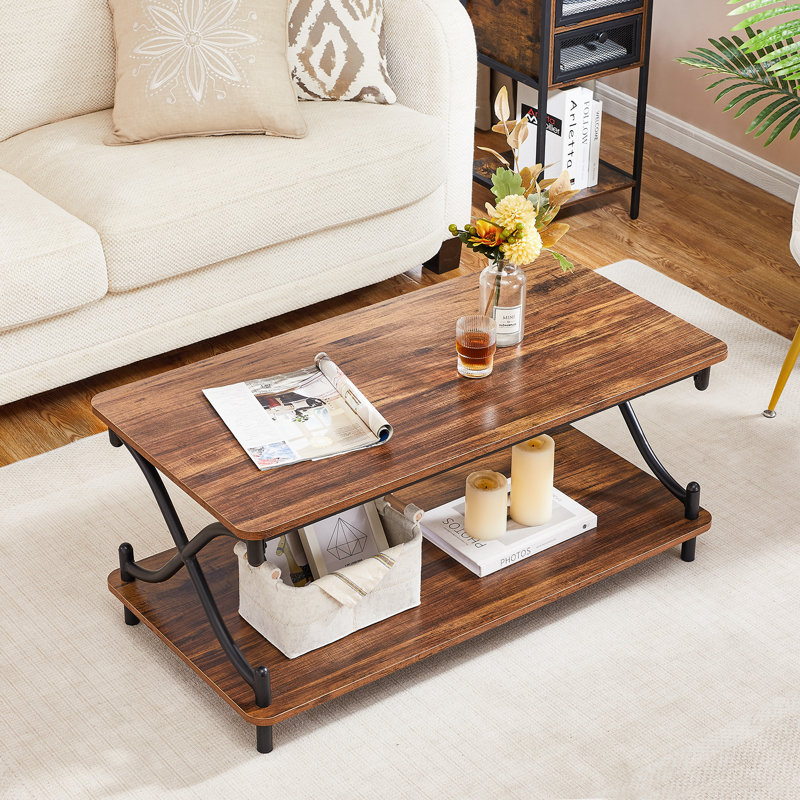 Kempst Coffee Table with Storage Shelf, Rustic Farmhouse Brown Cocktail Table with Metal Frame, 2-Tier Wood and Metal Frame Accent Table for Living Room, Apartment, or Small Spaces