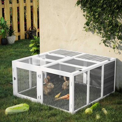 Lapin extérieur gris, cage en bois avec cage intérieure spacieuse et couvercle de cochon d'Inde pliable, intérieur de fenêtre de toit