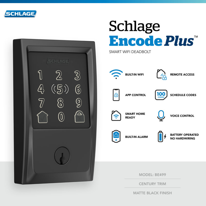 Encode Plus Smart Wifi Deadbolt With Century Trim, Matte Black