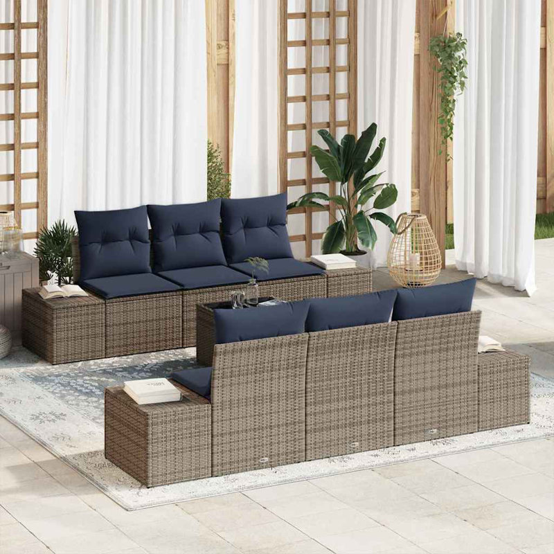 Ensemble de canapé vidaXL avec coussin 7 pièces synthétique gris: rotin de polyester, Coussin bleu marine / structure grise