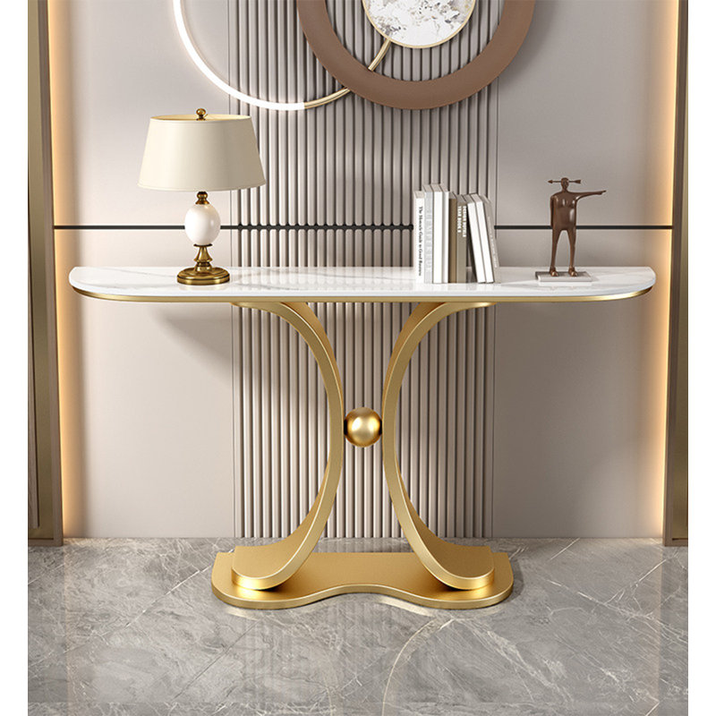 Table d'entrée en métal courbé à base en métal fritté pour hall d'entrée, H 31,5 po x l 39,37 po x P 11,81 po, White / Gold