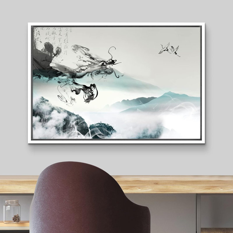 Paysage abstrait «Dragon chinois fumé à l'encre de Chine et montagnes, nature sauvage, illustrations modernes et rustiques» sur