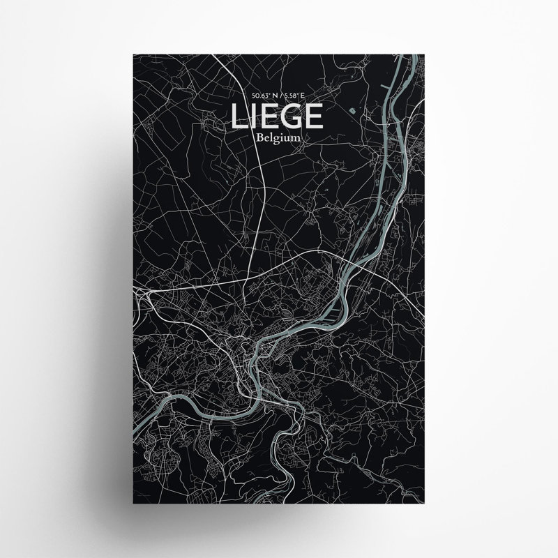 «Liege City Map», impression, H 17 po x l 11 po, Gris / noir