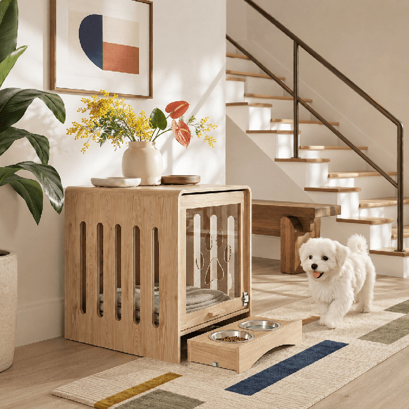 Meuble de caisse moderne pour chien avec prise de courant, table d'appoint en bois pour petits chiens, table de bout de cage pour animal de compagnie et armoire pour chenil