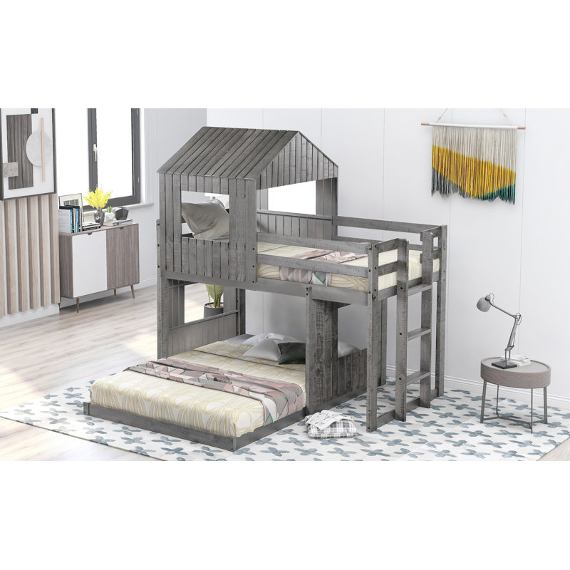 Lit superposé simple en bois sur lit double, lit mezzanine avec maisonnette, maison de campagne, échelle et garde-corps
