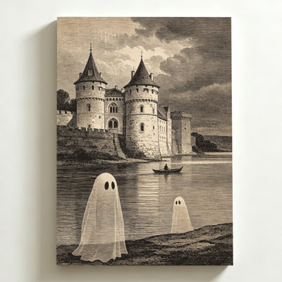 Tableau sur toile d'Halloween 50 x 75 cm (20 x 30 pouces) : Fantômes au bord d'une rivière, château en arrière-plan, scène nocturne sereine. Impression sur toile de style gravure vintage. Décoration murale moderne pour chambre, salon et bureau.
