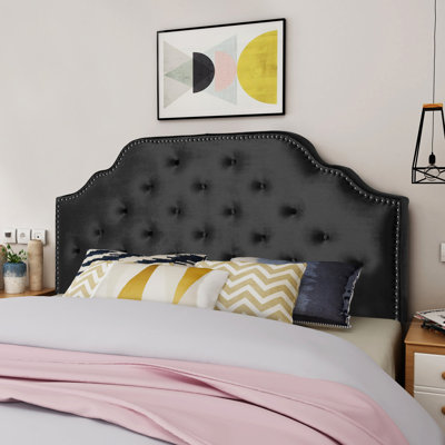 Grande et grande tête de lit - Revêtement en velours noir avec coutures en losange et têtes de clou charmantes, assemblage requis Élégance contemporaine requise