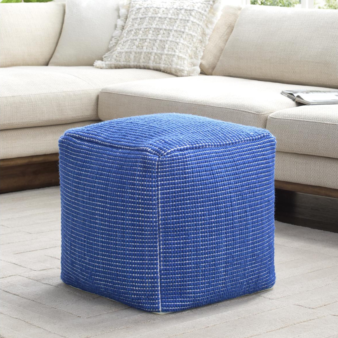 Waverly 18" Cotton Upholstered Pouffe, Blue