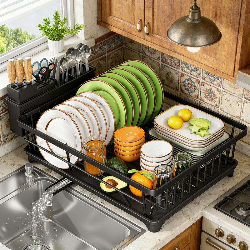 Séchoir à vaisselle compact pour comptoir de cuisine - Égouttoir peu encombrant avec porte-ustensiles, conception en métal résistant à la rouille pour un séchage et une organisation efficaces