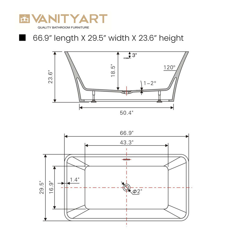 66.9" x 29.5" Freestanding Soaking Acrylic Bathtub, White/Oil Rubbed Bronze