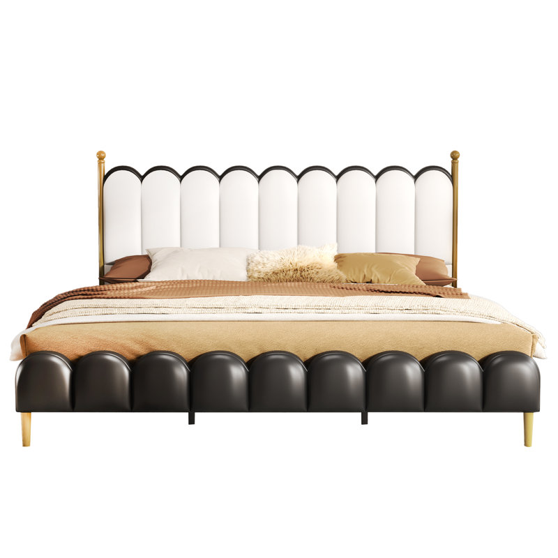 Zechariah PU Leather Upholstered Platform Bed, White/Black, King