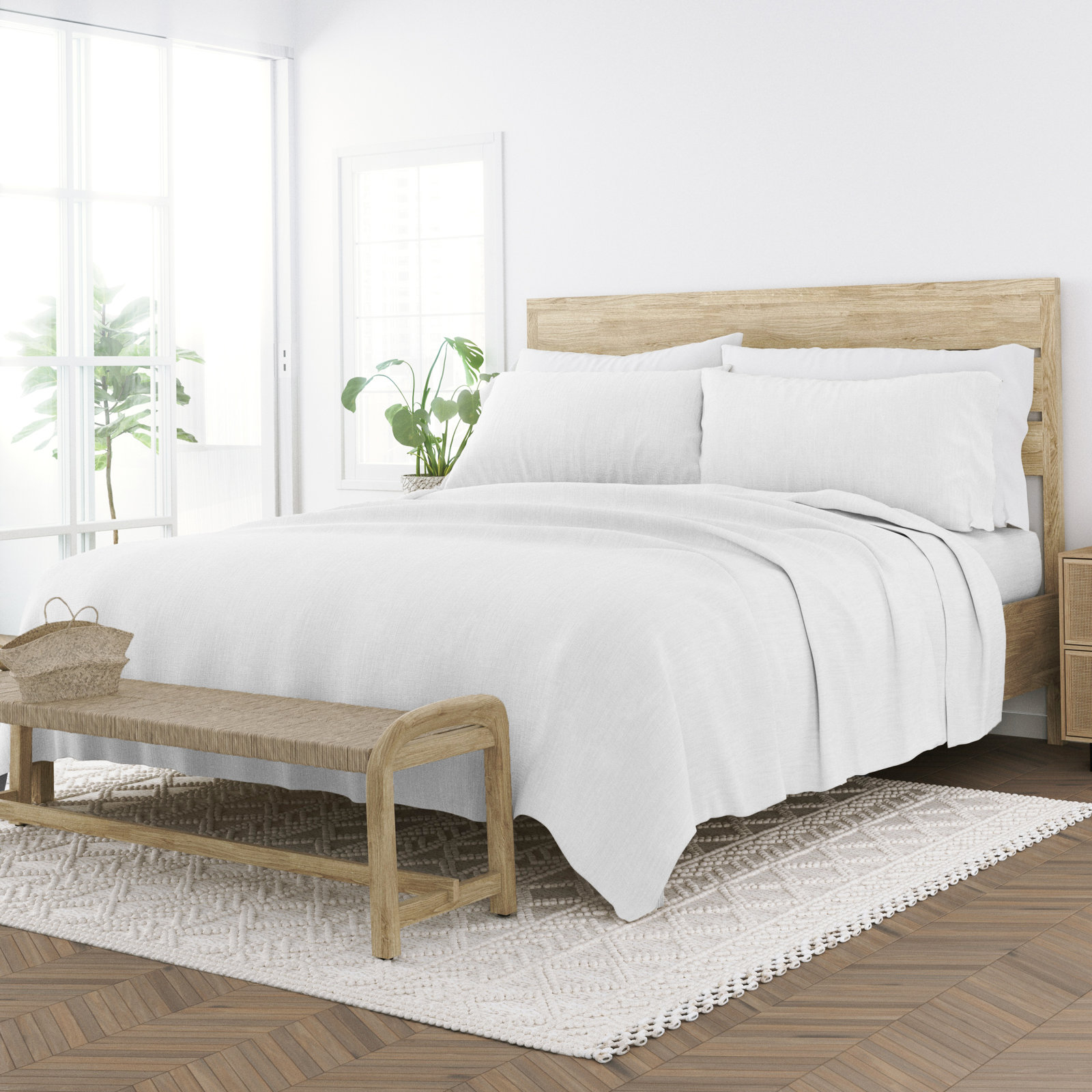 Linen Bamboo-Blend Breathable Luxury Bed Sheet Set, White, Twin Sheet Set + Fitted Sheet + 1 Pillowcase