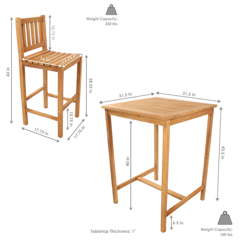 Anjie 3-Piece Teak Wood Bar-Height Patio Dining Table Set