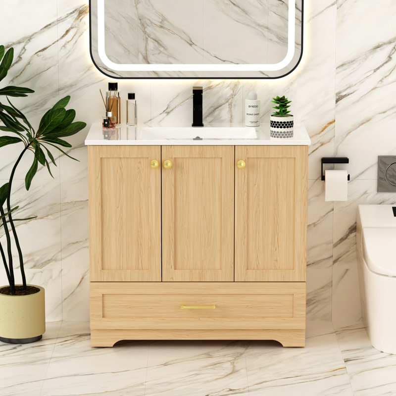 Meuble-lavabo 36 po avec comptoir en résine et lavabo, sans robinet, Brun, Doré, 36" W
