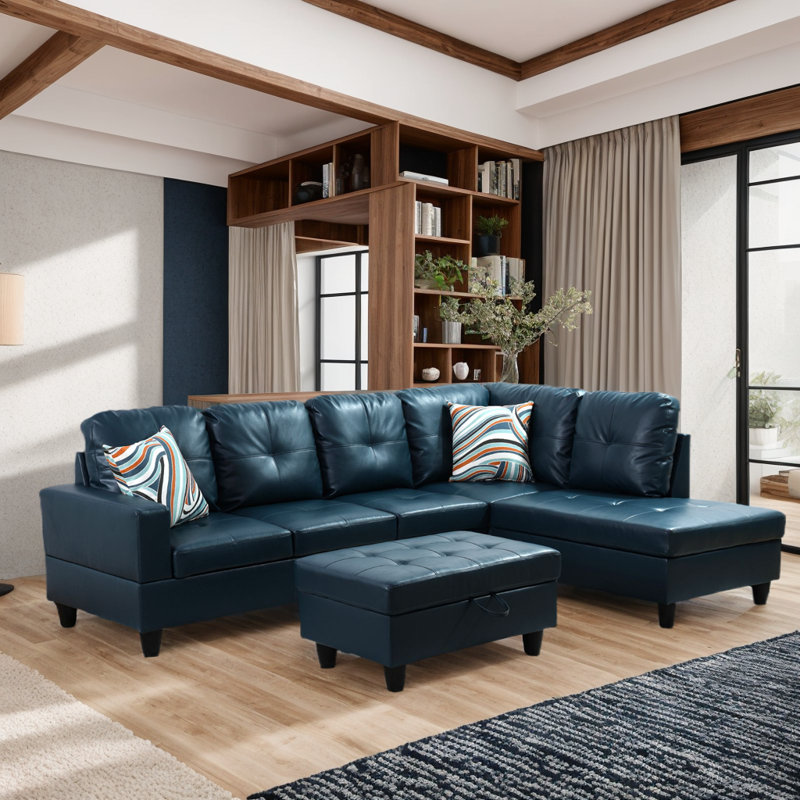 Canapé et chaise longue avec repose-pieds Beesley, Orienté à droite, Similicuir bleu sarcelle foncé, Noir