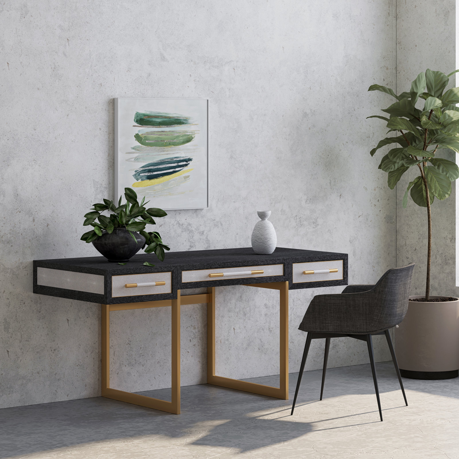 Meera 63" Oak Writing Desk, Gray/Gold