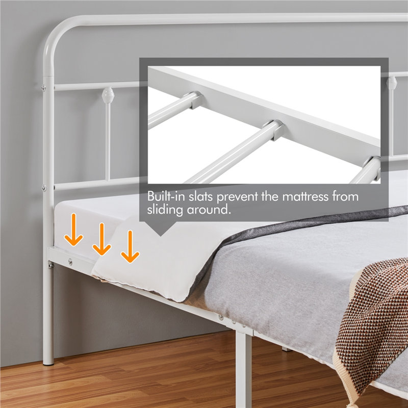 White King Metal Platform Bed with High Headboard and Slats