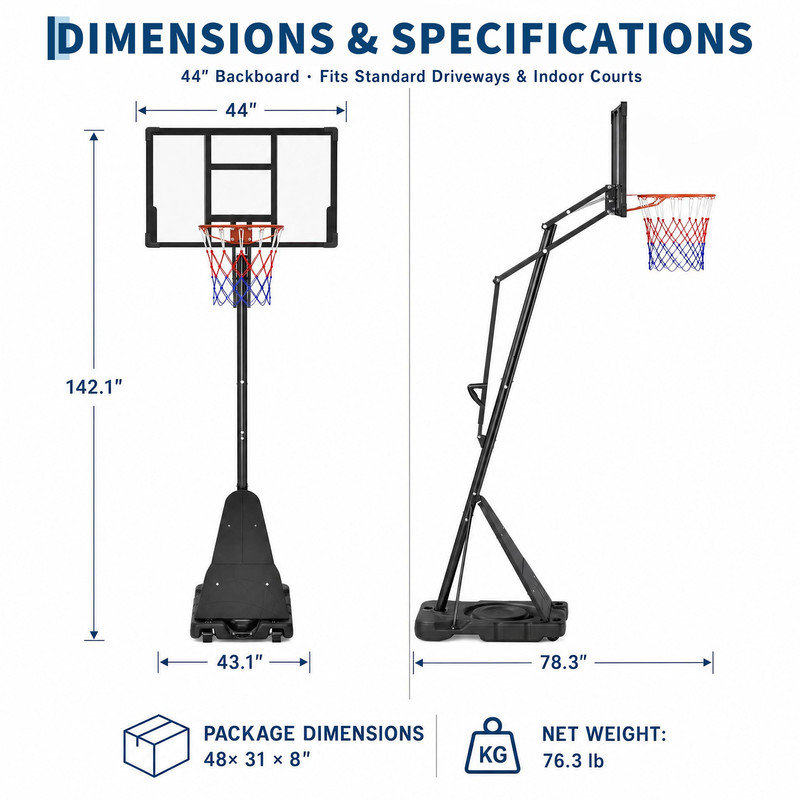 Panier de basketball portatif, panneau de 44 pouces, hauteur réglable de 5 à 10 pieds, base lestable et roulettes